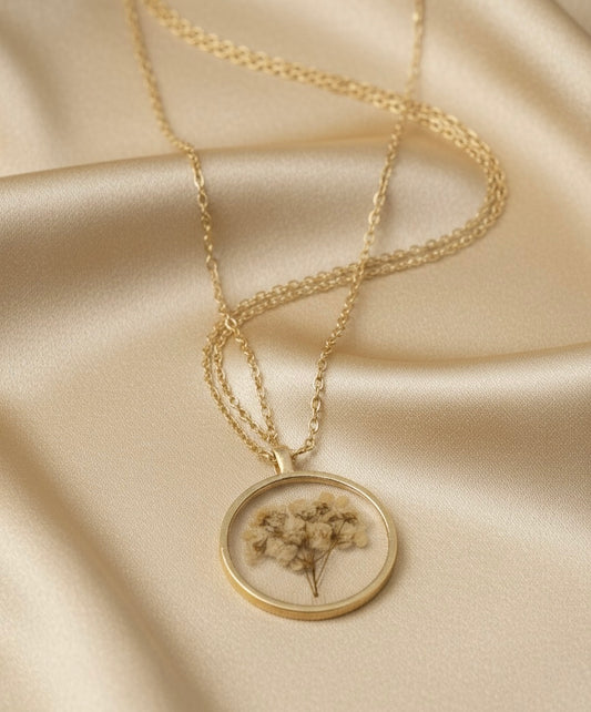 Round Pendant Necklace with Real Dried Flowers