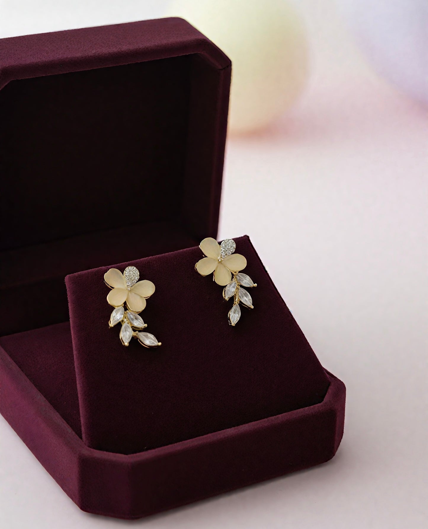 Golden Blossom & Leaf Crystal Drop Earrings 🌸✨
