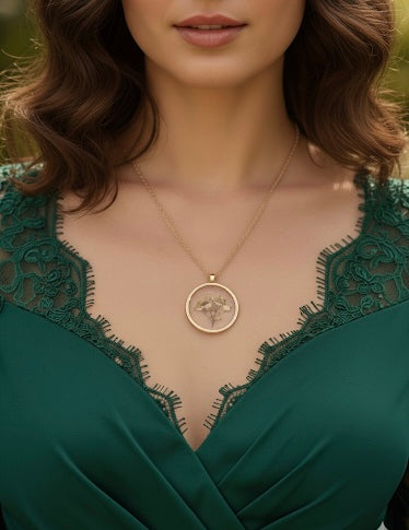 Round Pendant Necklace with Real Dried Flowers
